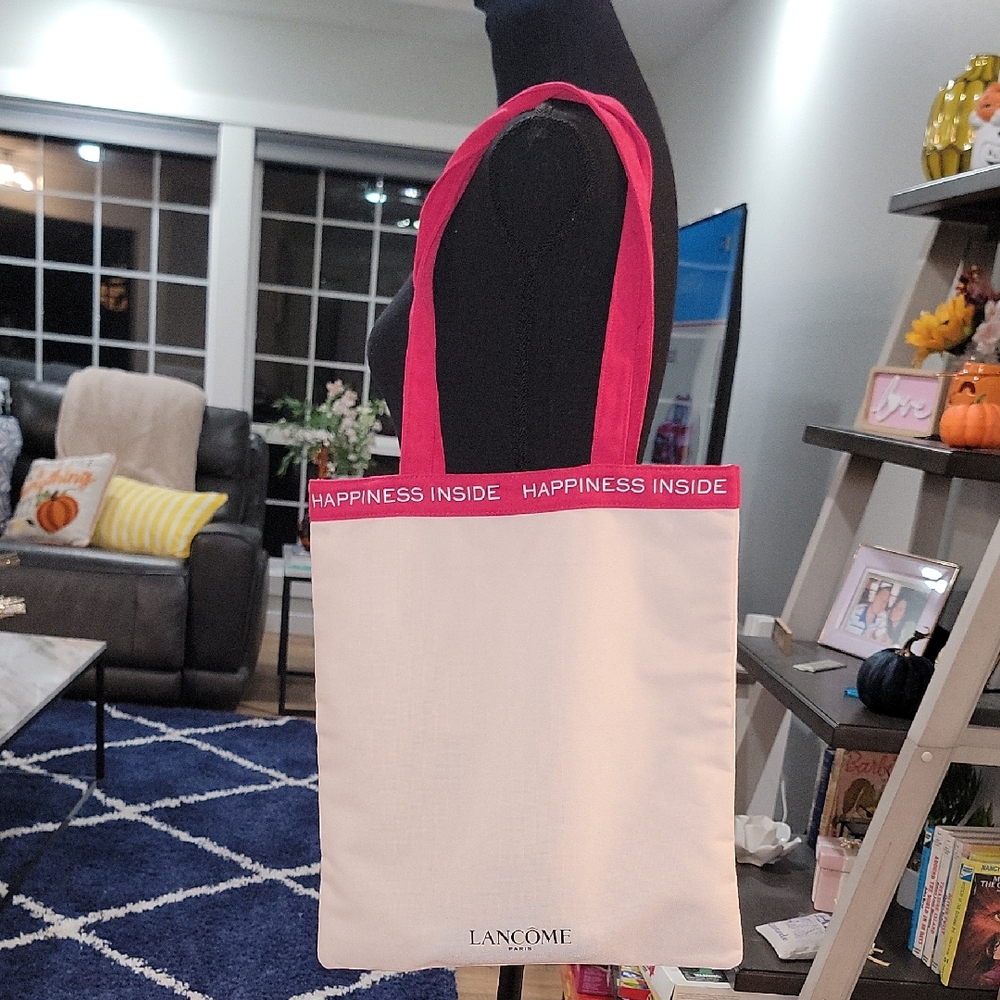 NEW LANCOME Paris Cream Canvas Tote W/ Red Straps & Lancome Product